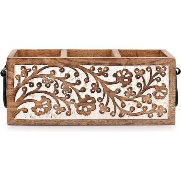 Mango wood utensil holder kitchen drawer organizer rustic cutlery storage caddy - Picture 3 of 6